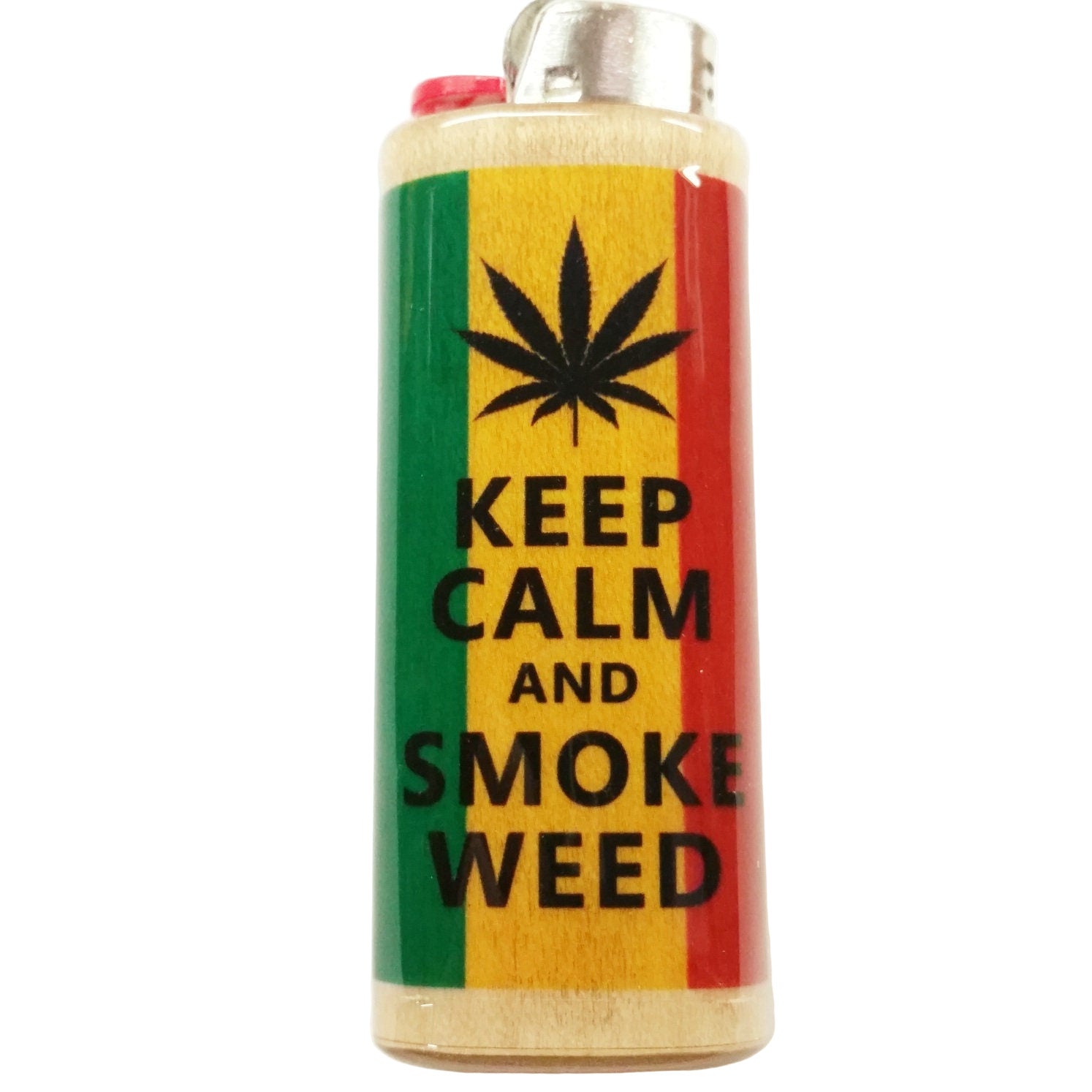 Lighter with Rastafarian flag design and 'Keep Calm and Smoke Weed' text on a white background