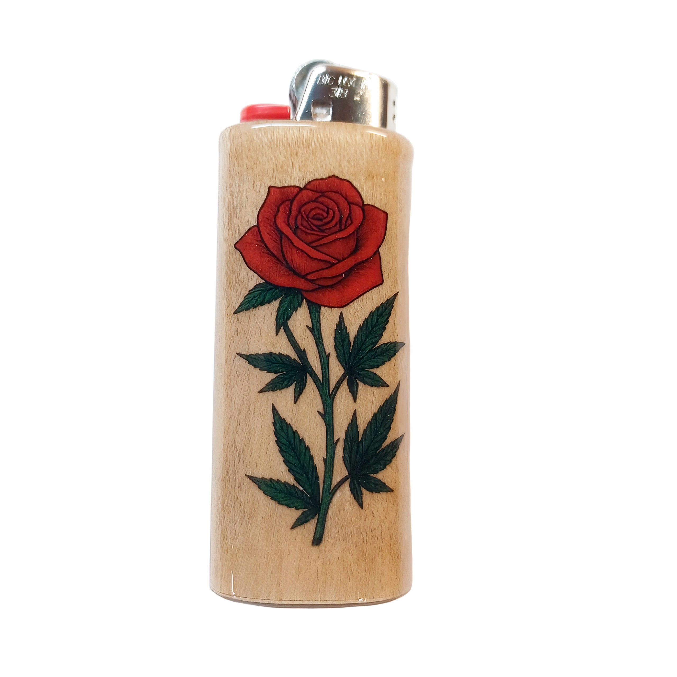 Lighter holder with a red rose design and pot leaves on a white background