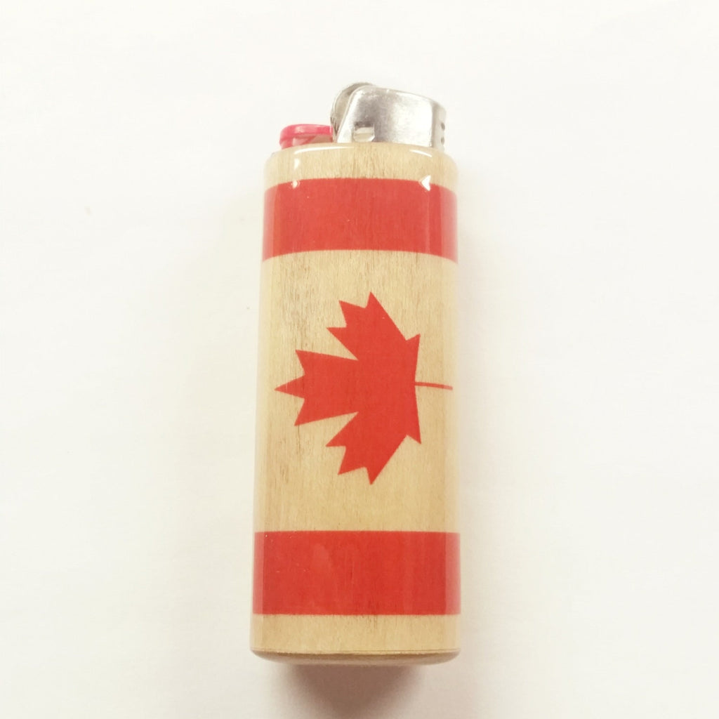 Lighter with a red maple leaf design Canadian Flag on a beige background