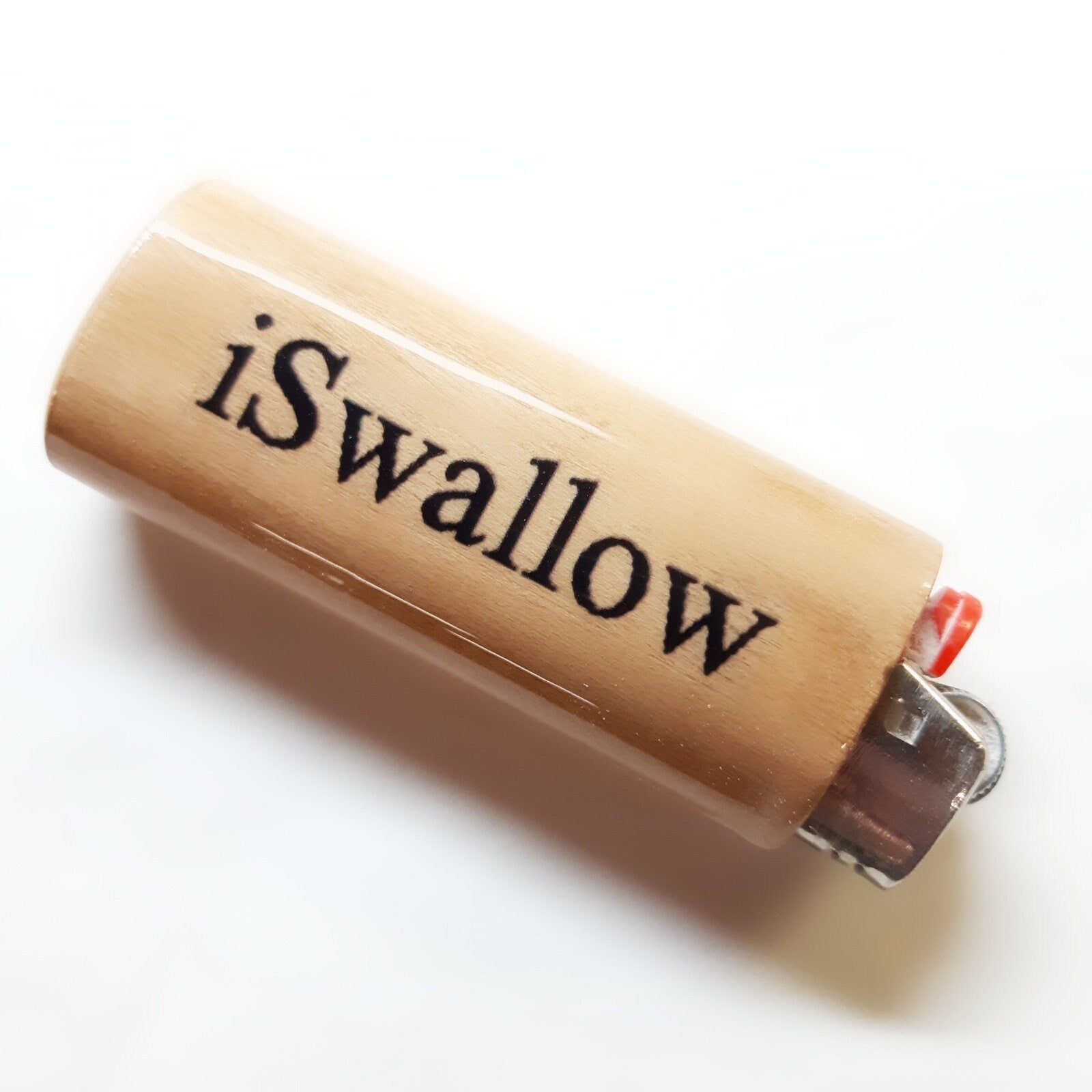Wooden lighter with 'i Swallow' branding on a white background