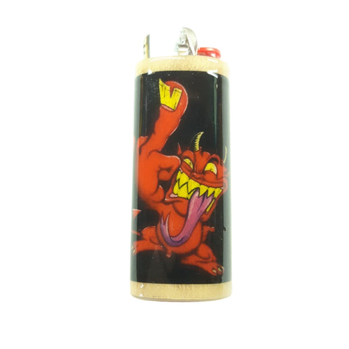 Lighter with a cartoonish red devil design on a black background