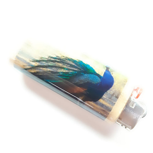 Lighter case with peacock design on a white background