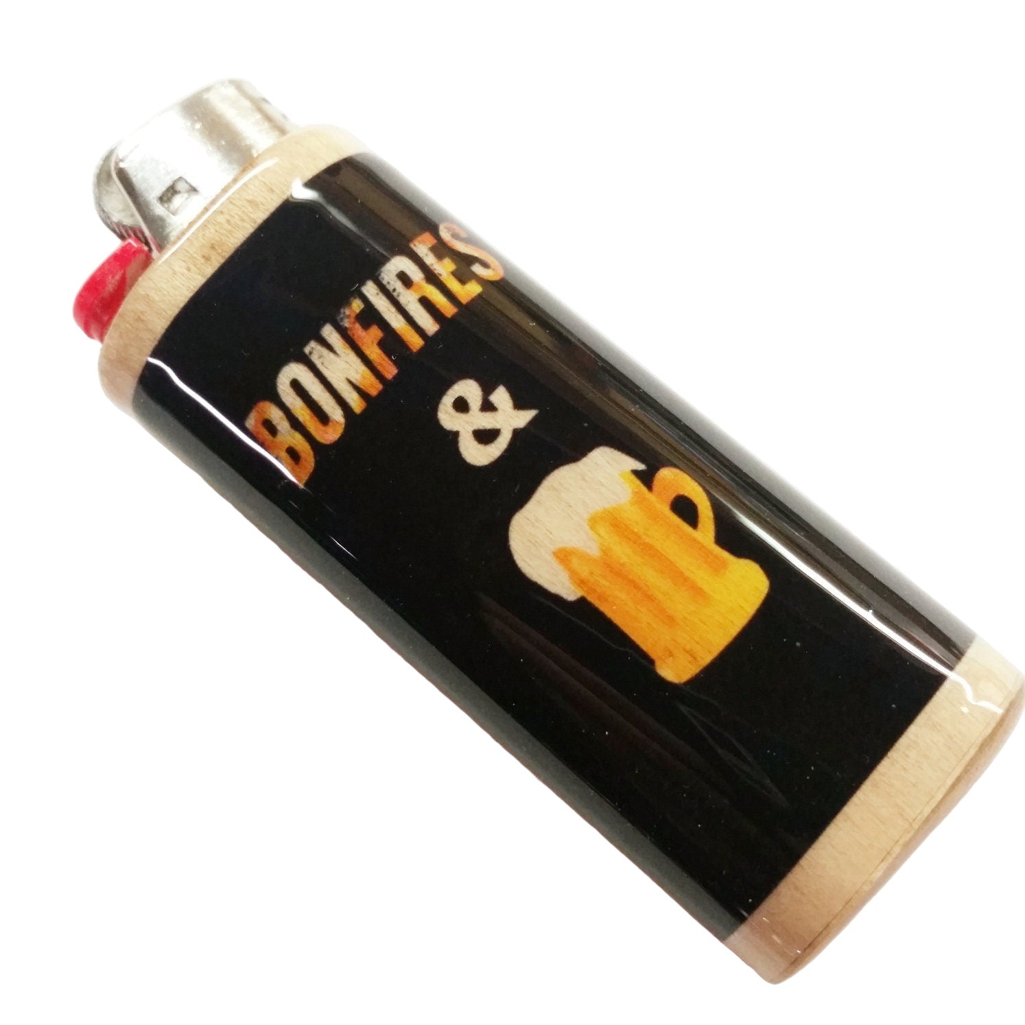 Lighter with 'Bonfires & Beer' design on a white background