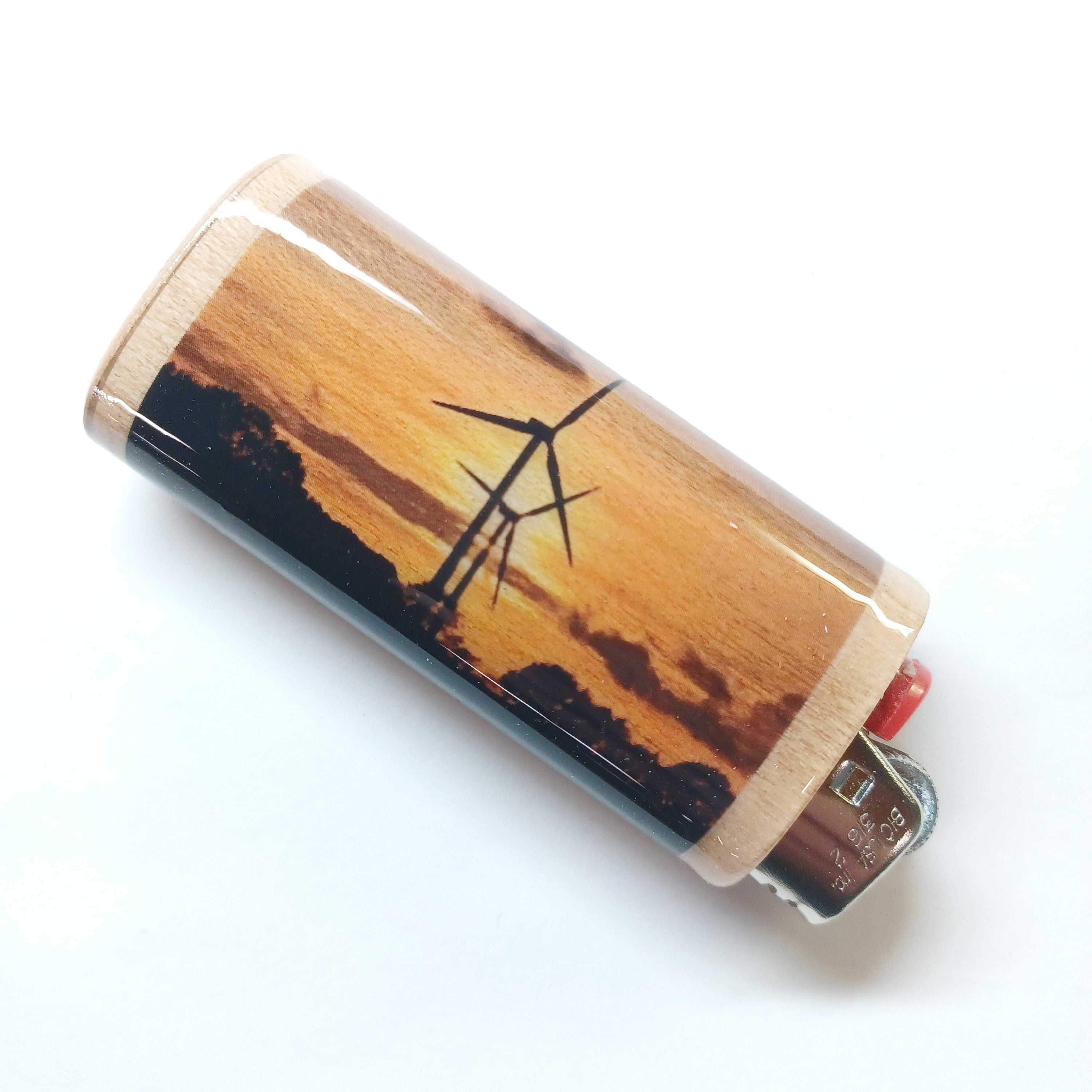 Lighter case with a wind turbine design on a wooden casing