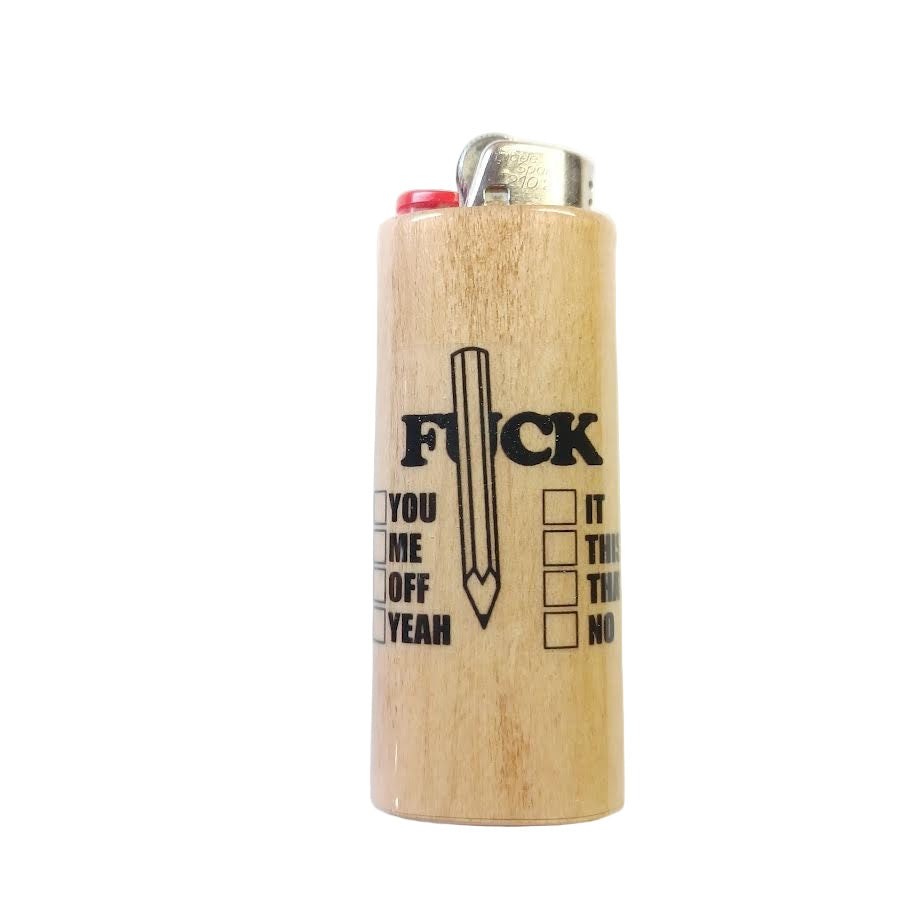 Wooden lighter with text on a white background