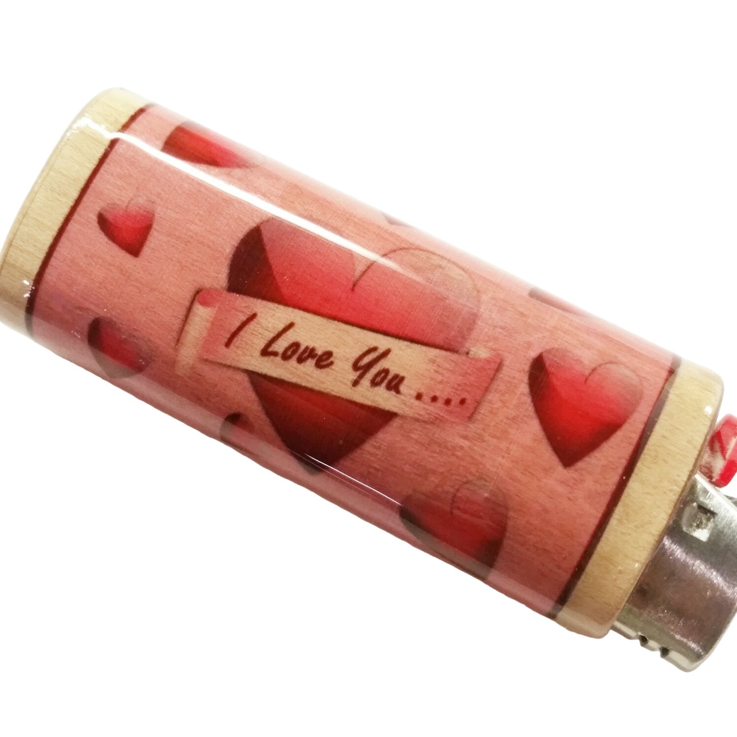 Lighter with heart designs and 'I Love You' message on a white background