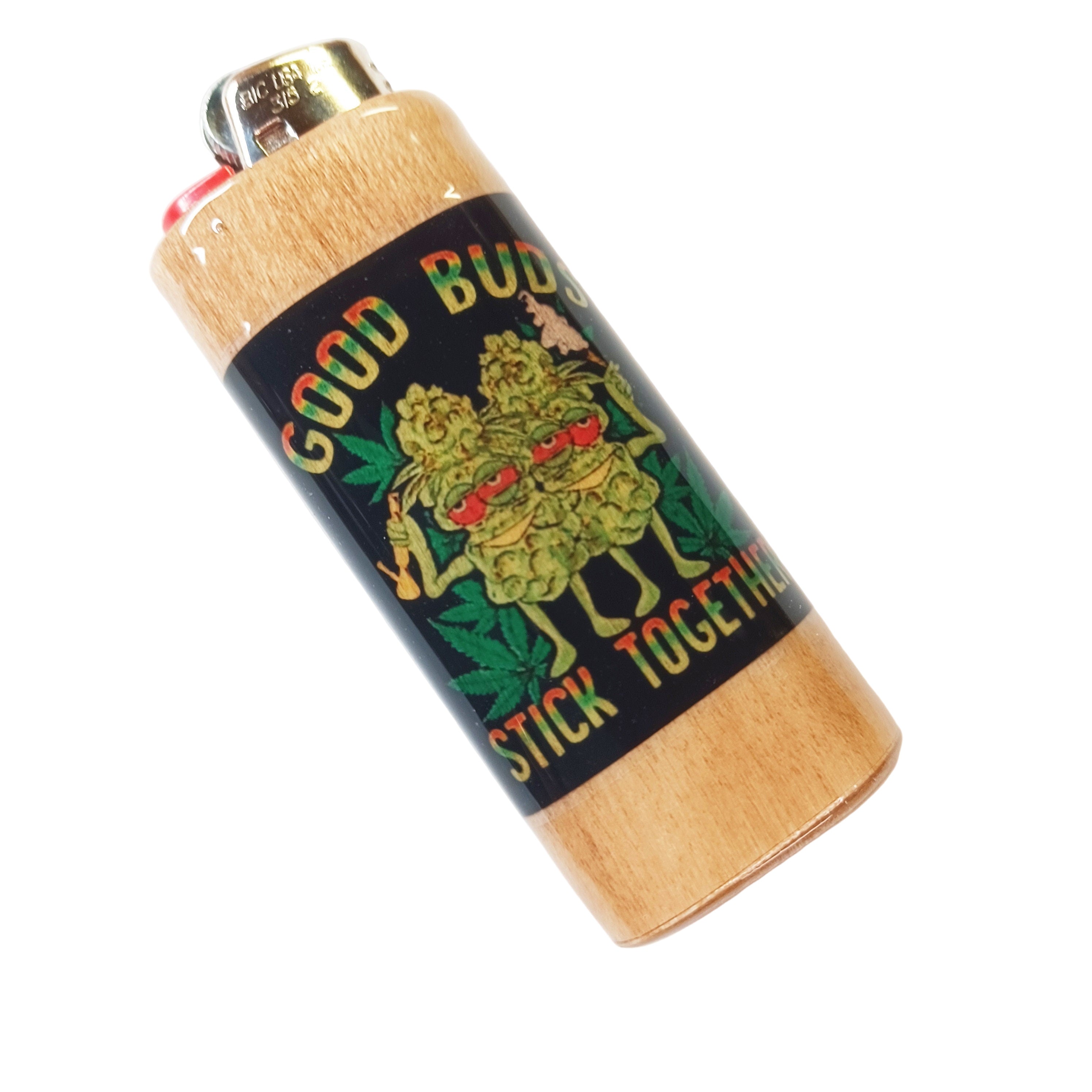 Lighter with a wooden casing and colorful design good buds stick together on a white background