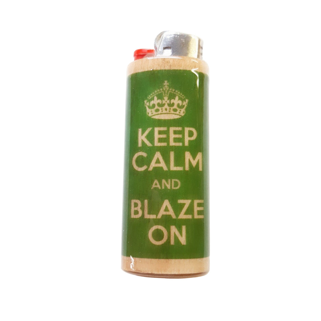 Green lighter with 'Keep Calm and Blaze On' text on a white background