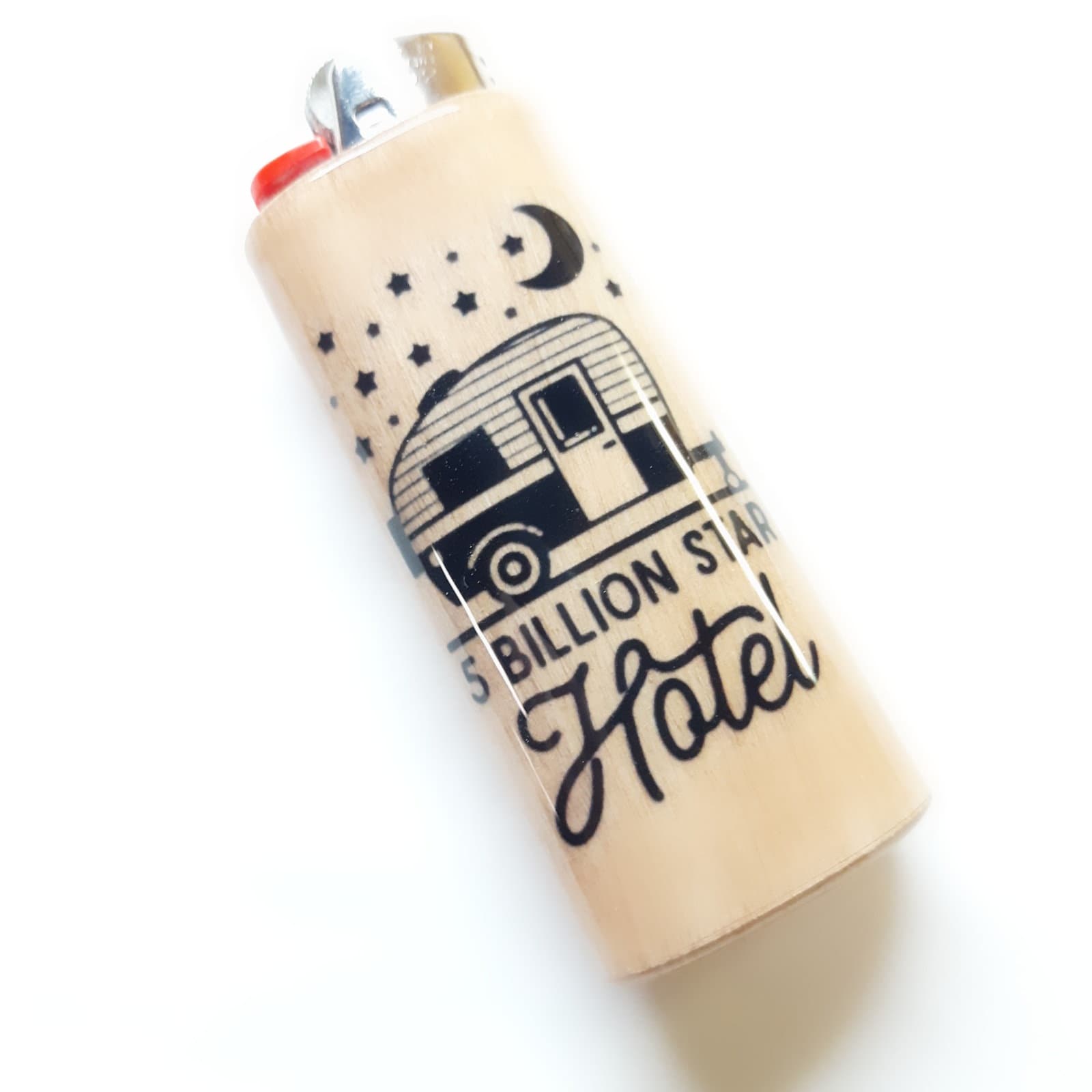 Lighter with '5 Billion Stars Hotel' design on a white background