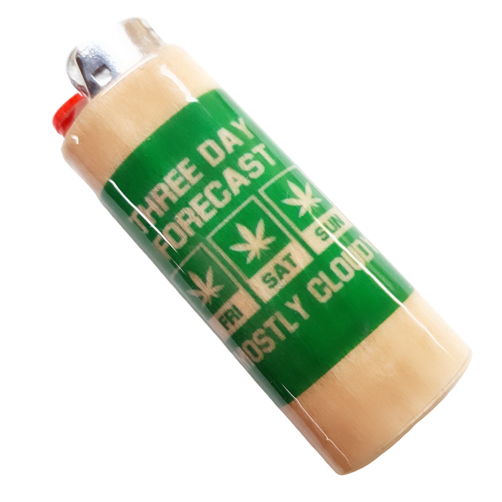Lighter with a green label featuring weather text on a white background