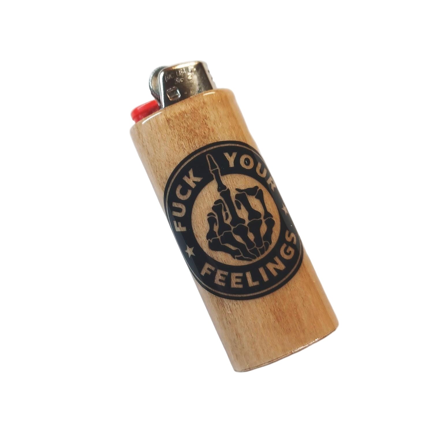 Wooden lighter with a graphic design and text on a white background