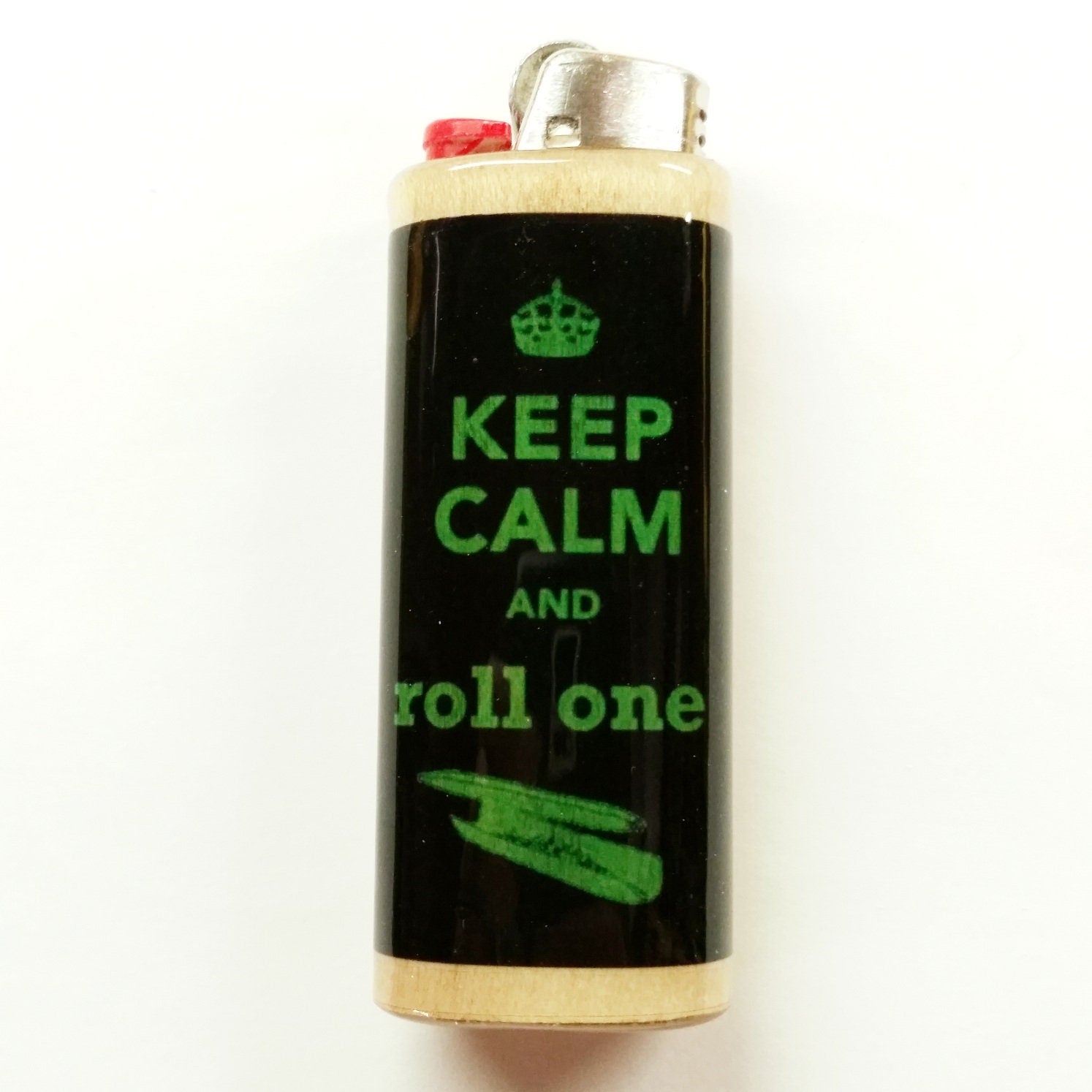 Lighter with 'Keep Calm and Roll One' text on a white background