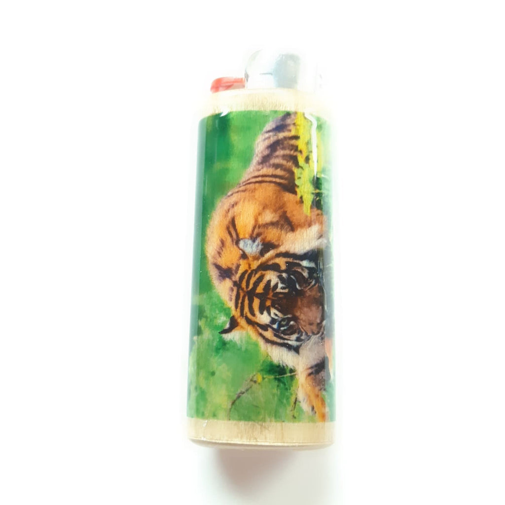 Tiger Fits Bic Lighters Wood Holder Cover Sleeve Case