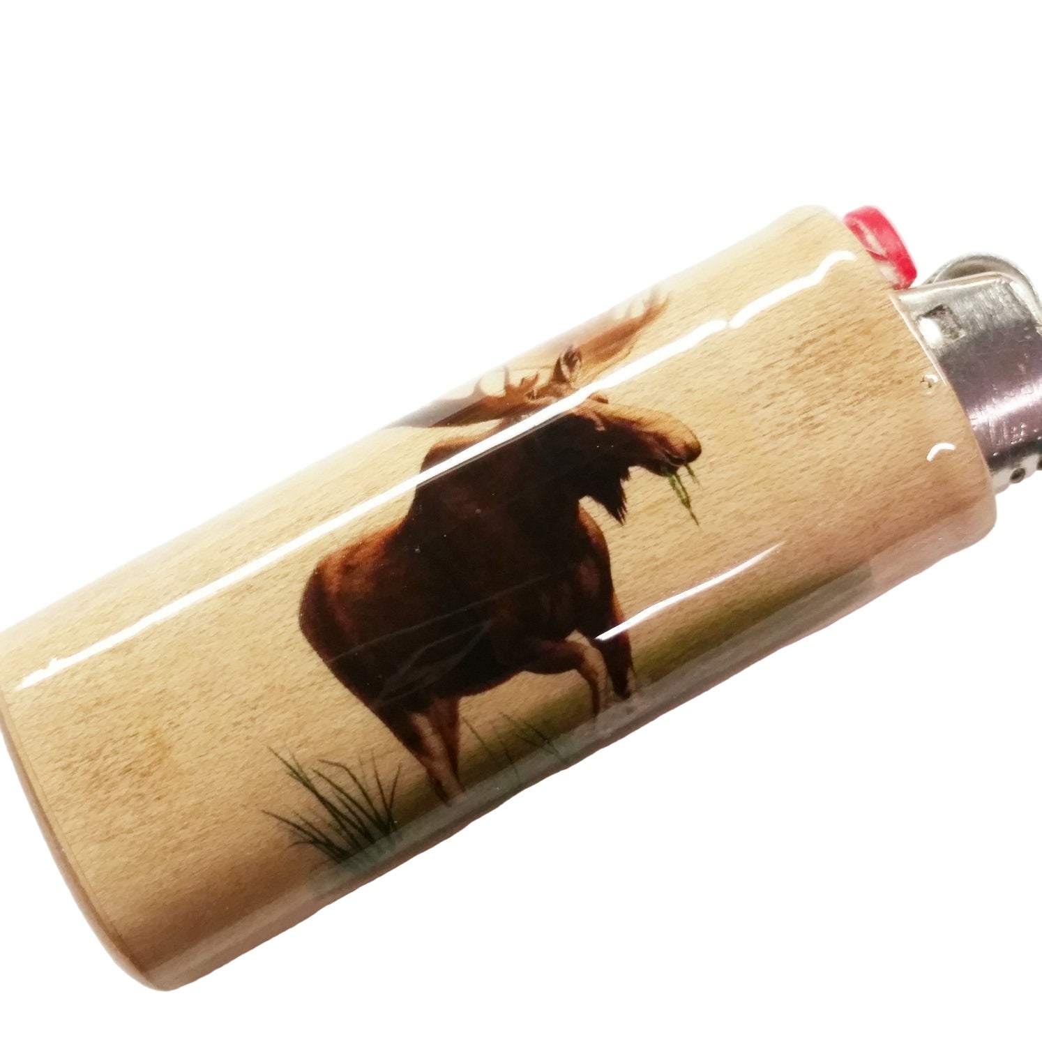 Lighter with a bull moose in the wild design on a white background