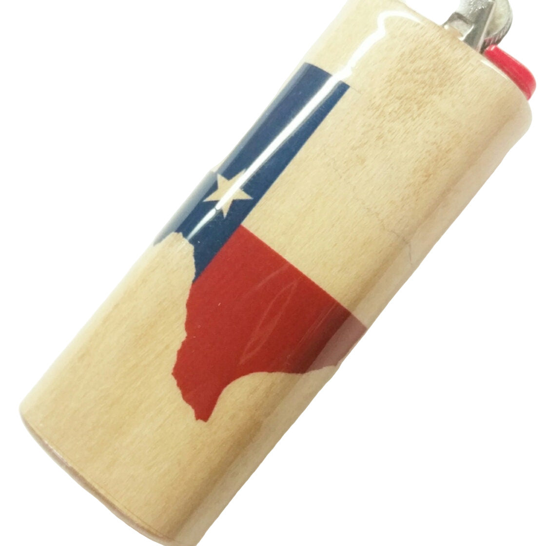 Lighter with a design of a map outline and texas flag on a white background