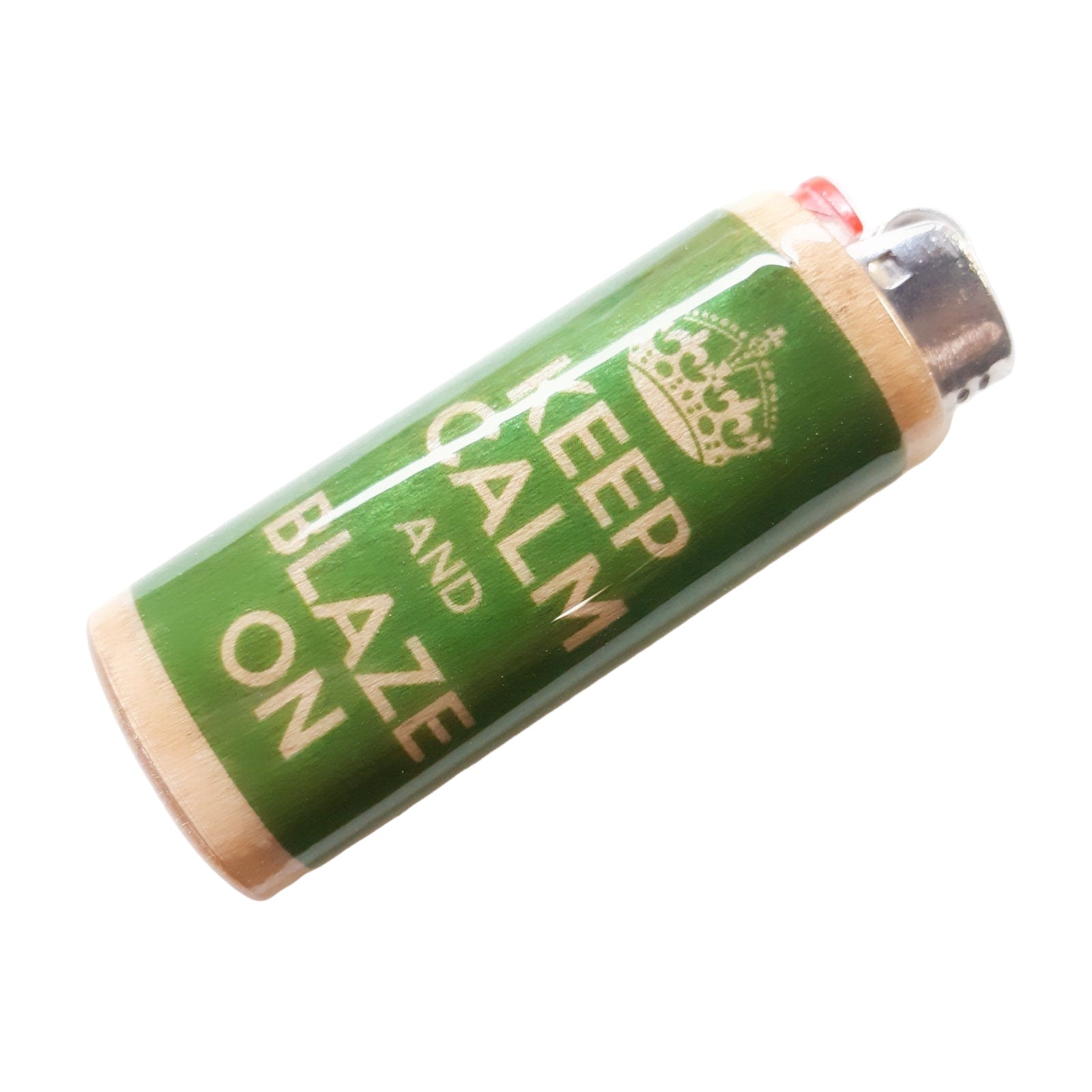 Green lighter with 'Keep Calm and Blaze On' text on a white background