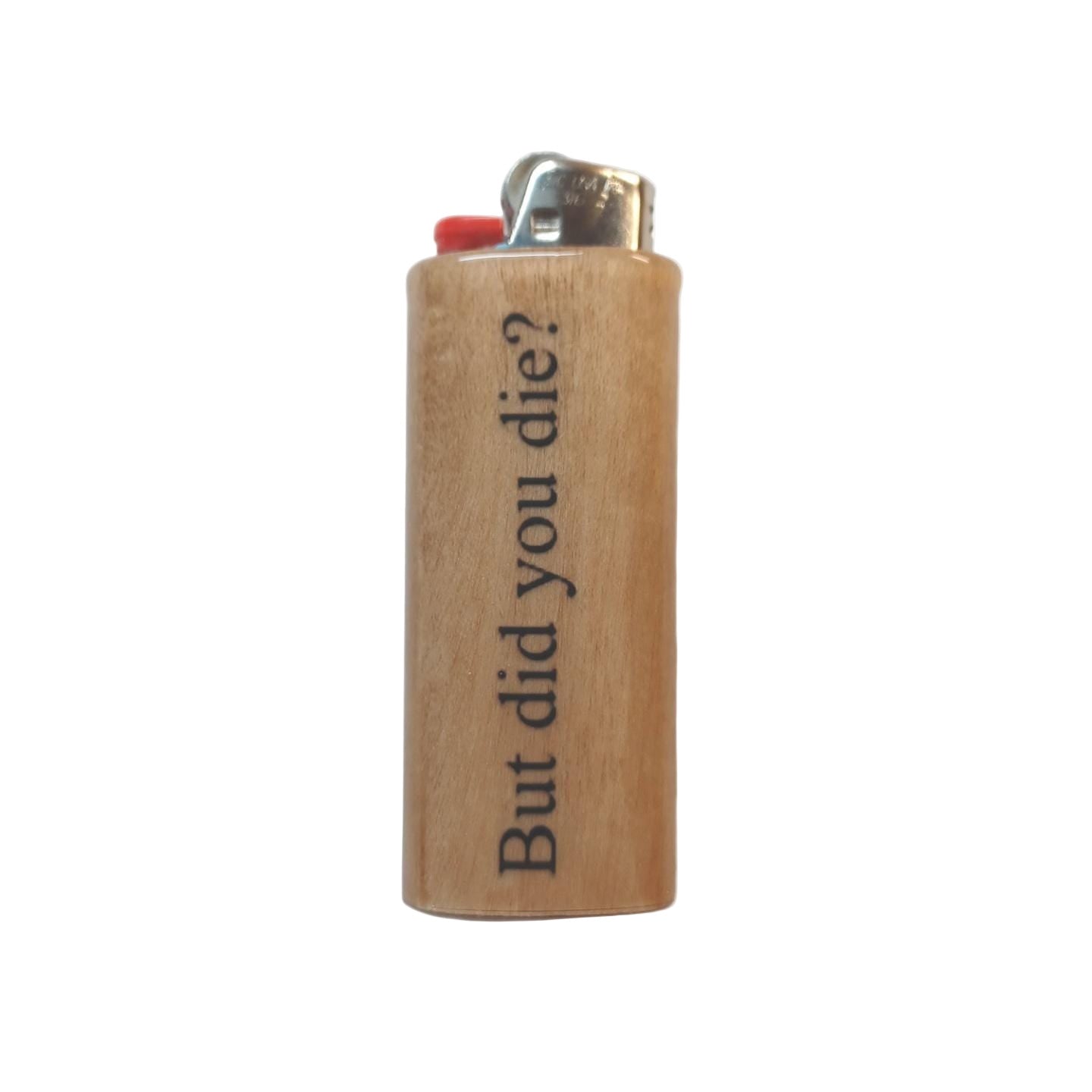Wooden lighter with engraved text on a white background
