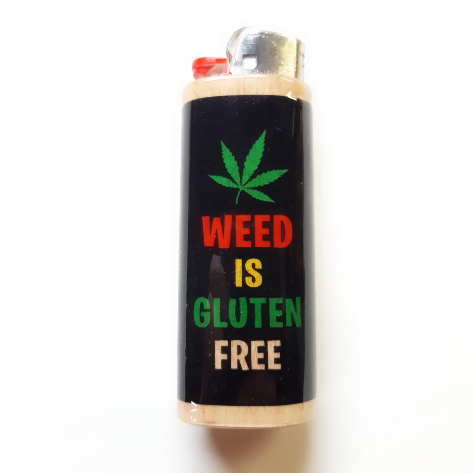 Lighter with 'Weed is Gluten Free' text and cannabis leaf on a white background