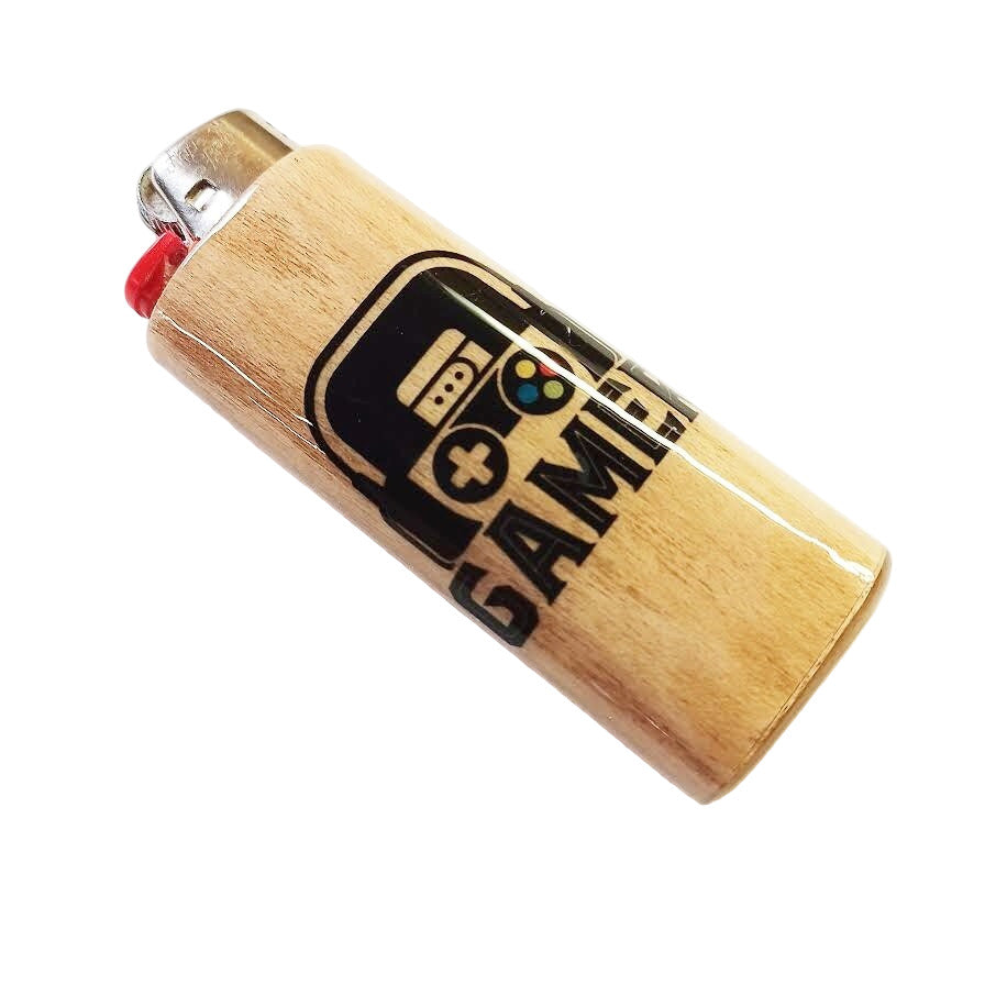 Wooden lighter with 'Game' design on a white background