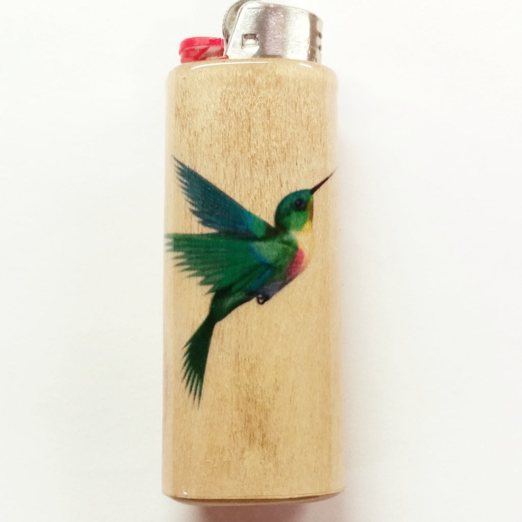 Wooden lighter with a colorful hummingbird design on a white background