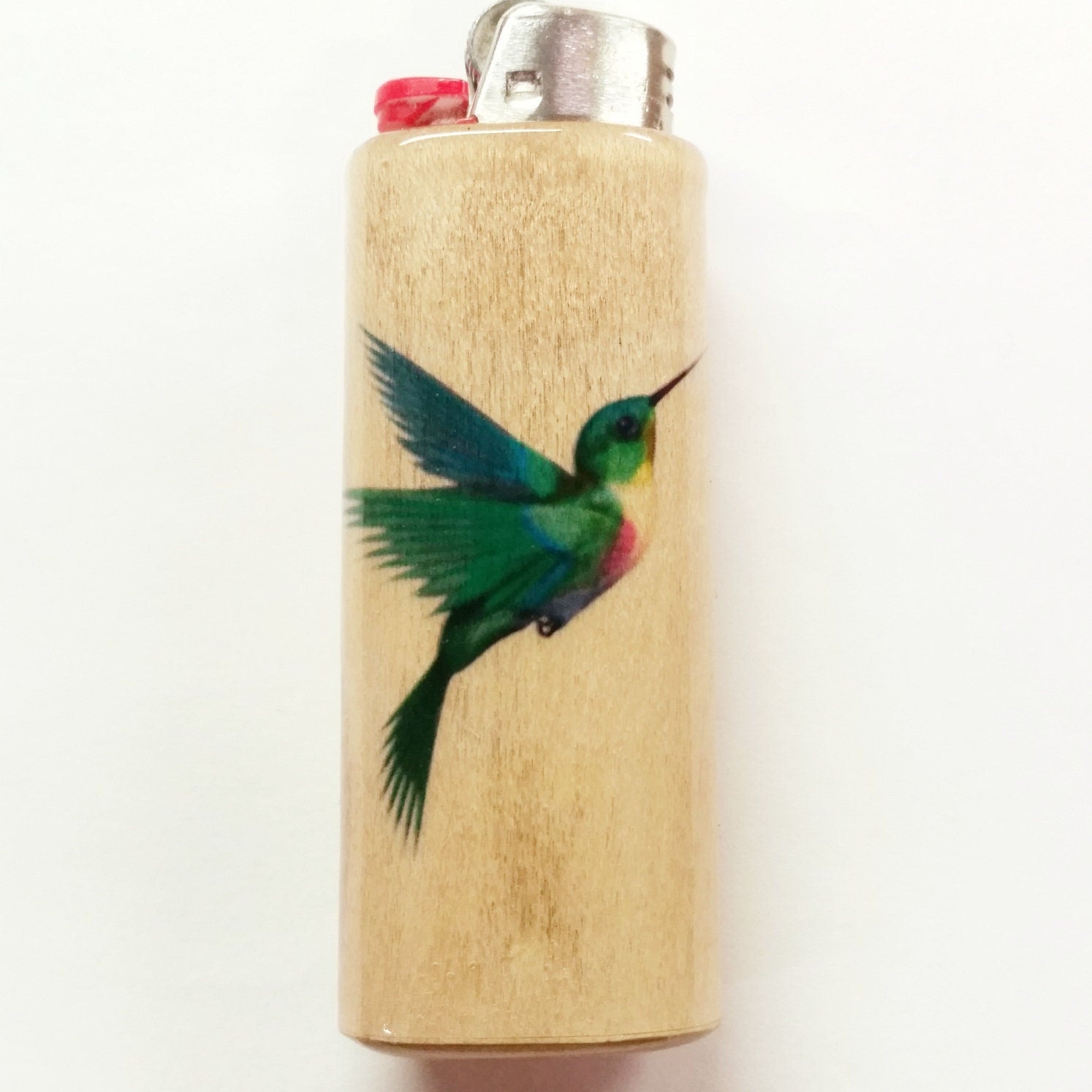 Wooden lighter with a colorful hummingbird design on a white background