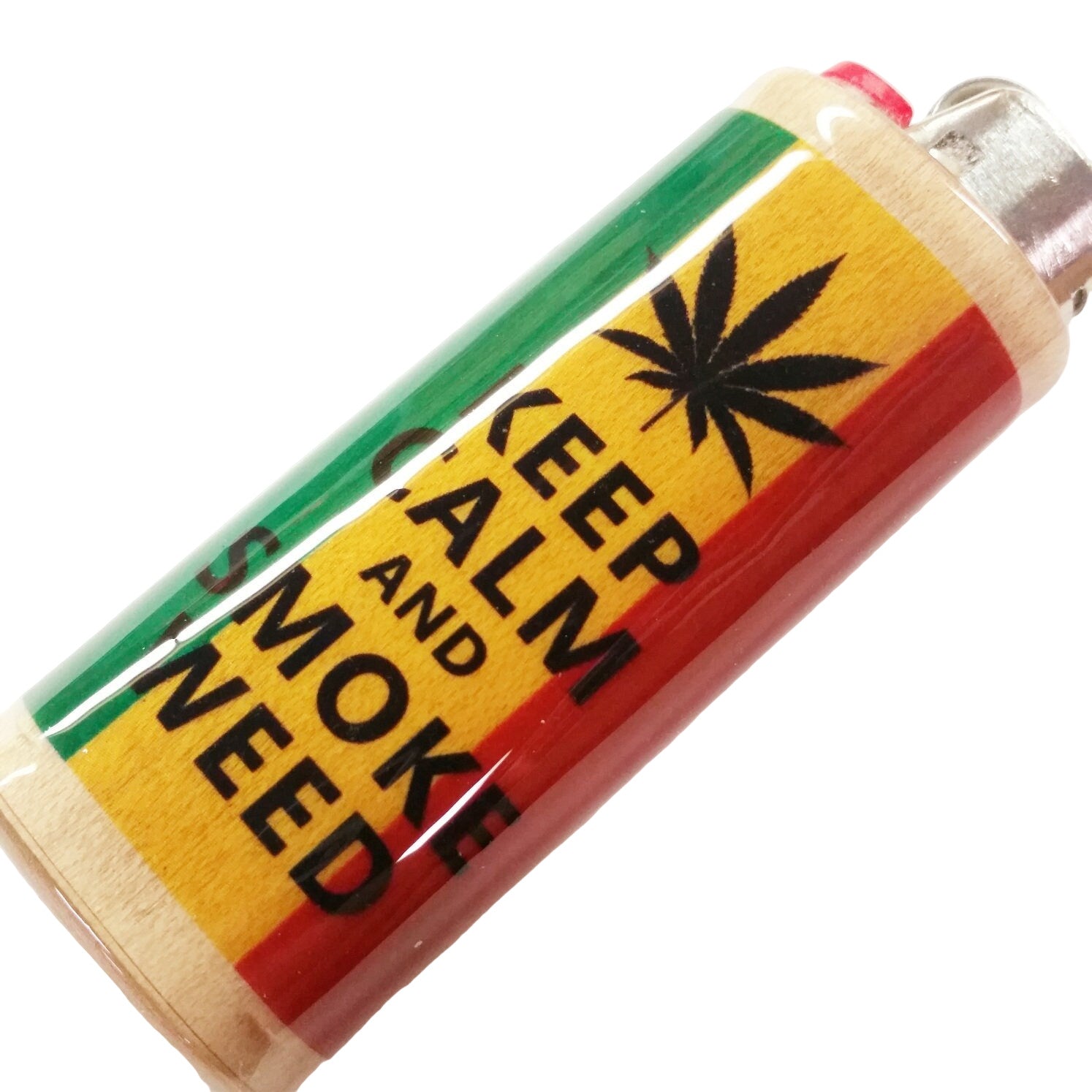 Lighter with 'Keep Calm and Smoke Weed' text and a cannabis leaf design on a white background