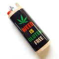 Lighter with a marijuana leaf and text 'Weed is Gluten Free' on a white background