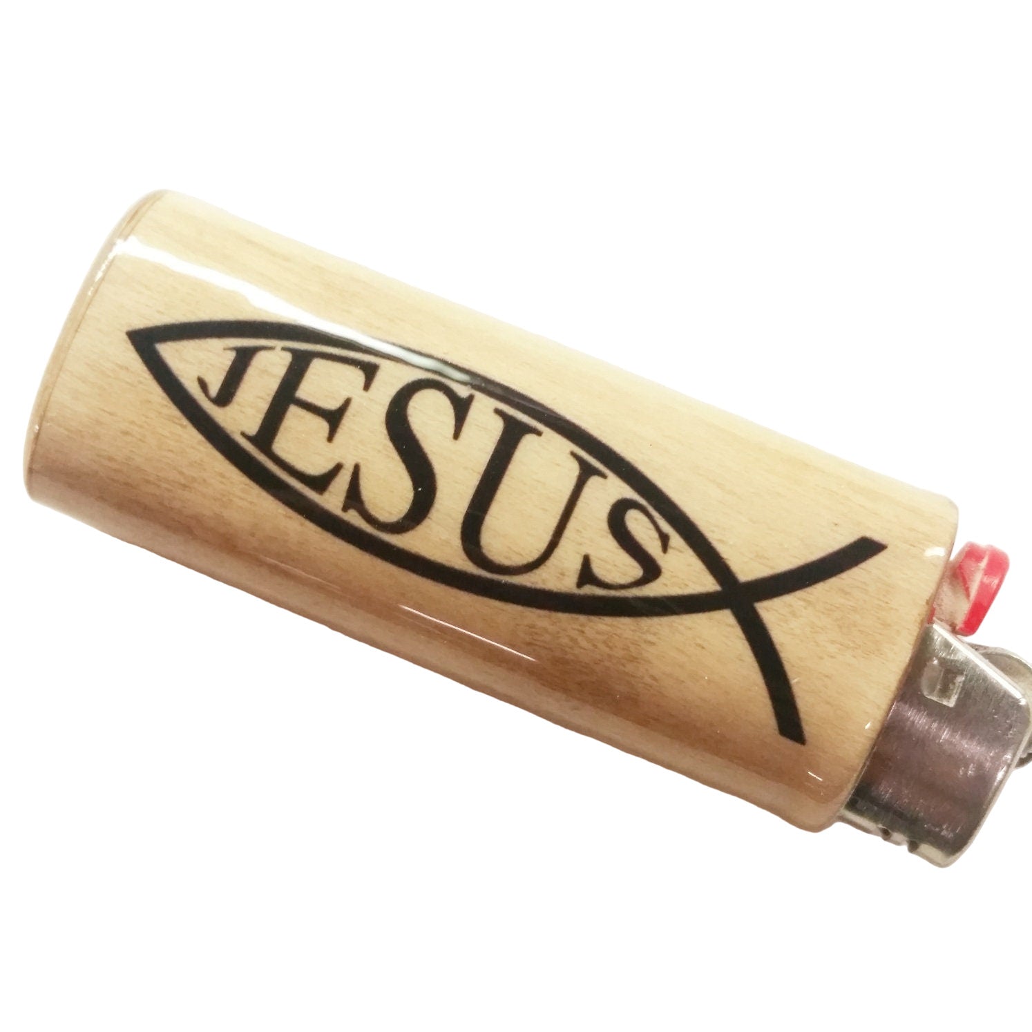 Lighter with 'Jesus' and fish symbol on a white background