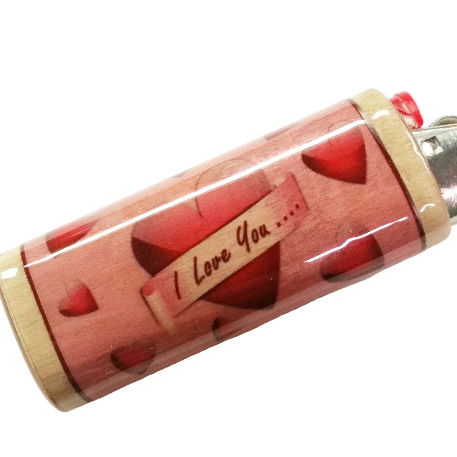Lighter with red heart designs and 'I Love You' text on a white background