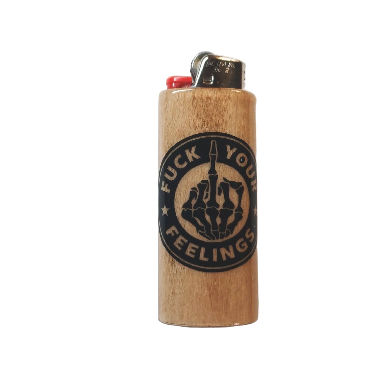 Lighter with 'Fuck Your Feelings' design on a white background