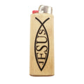 Lighter with 'Jesus' design on a beige background