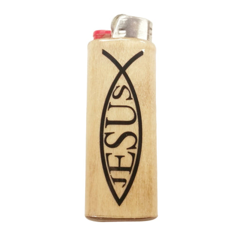 Lighter with 'Jesus' design on a beige background