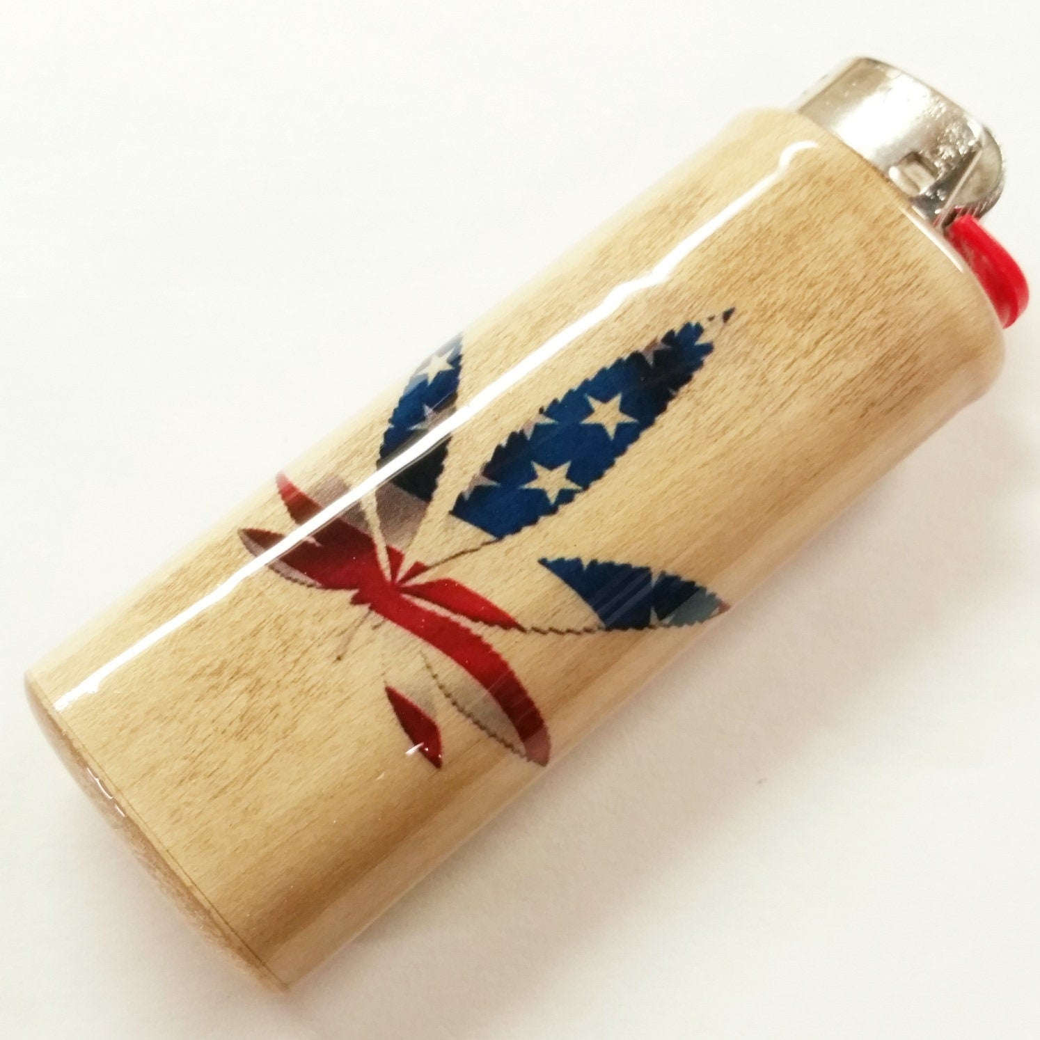 Wooden lighter with a Pot Leaf American Flag Design design on a white background