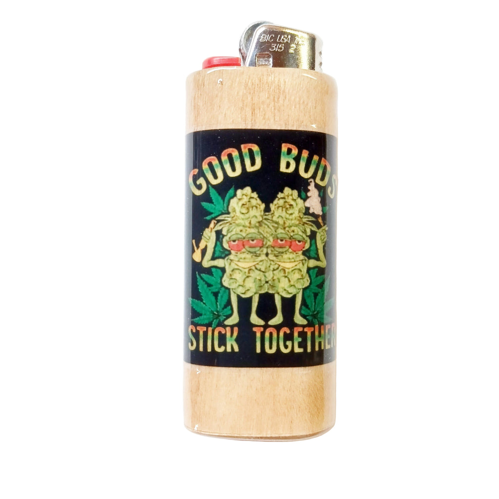 Lighter with 'Good Buds Stick Together' design on a white background