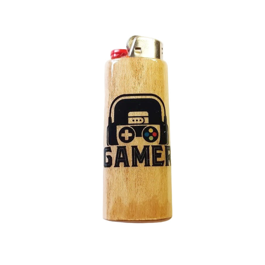 Wooden lighter with 'Gamer' design on a white background