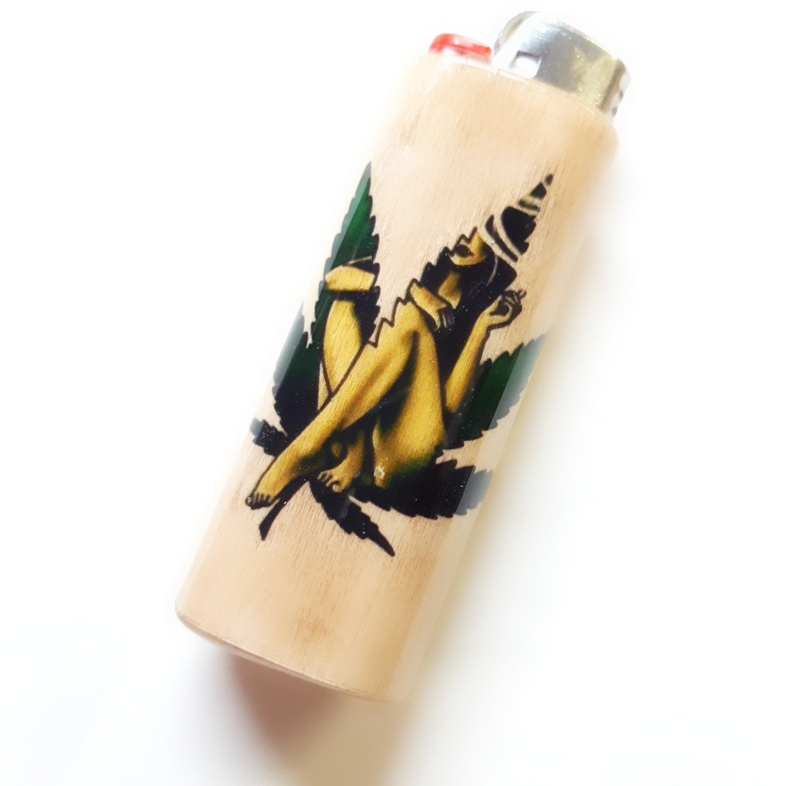 Wooden lighter with a tattoo-style design of a woman on a white background