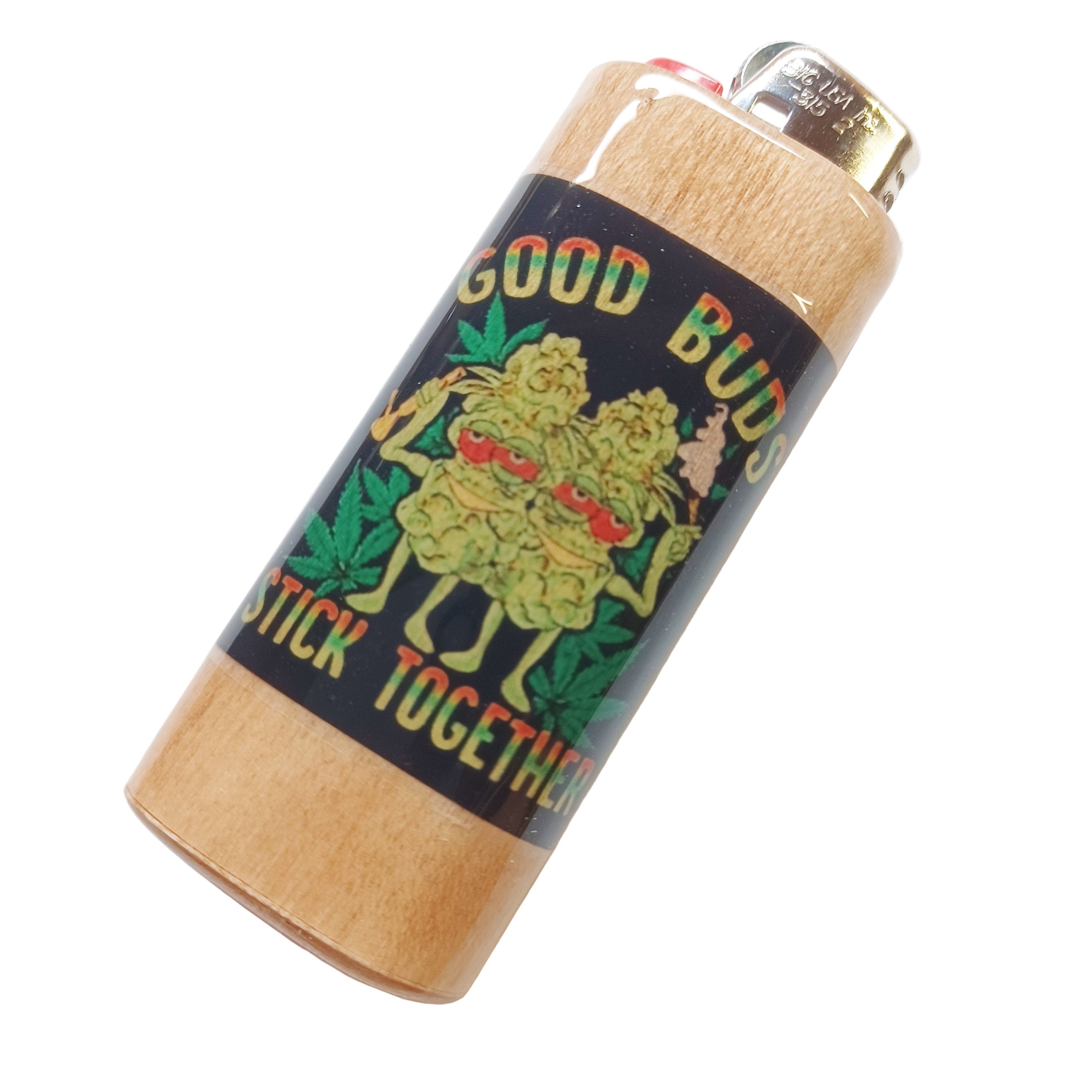 Lighter with a colorful design and text  good buds stick together on a white background
