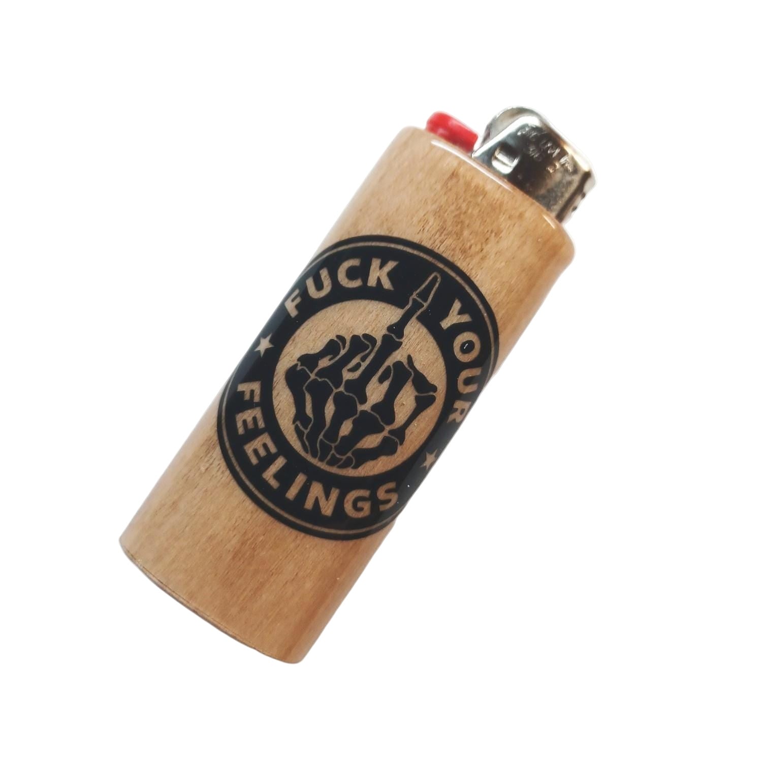 Wooden lighter with a graphic design and text on a white background