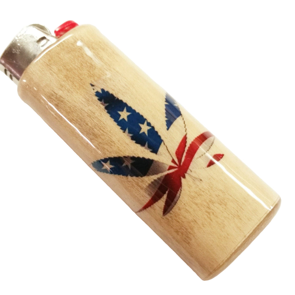 Lighter with a design of a cannabis leaf and American flag on a white background