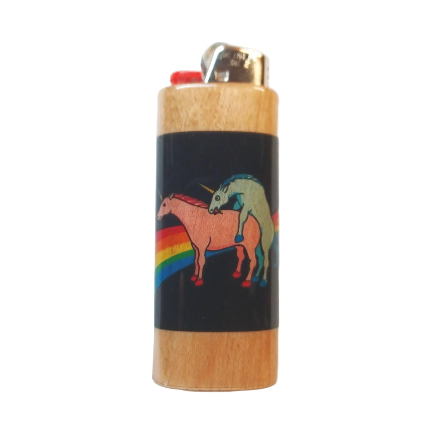 Lighter with unicorn and rainbow design on a black background
