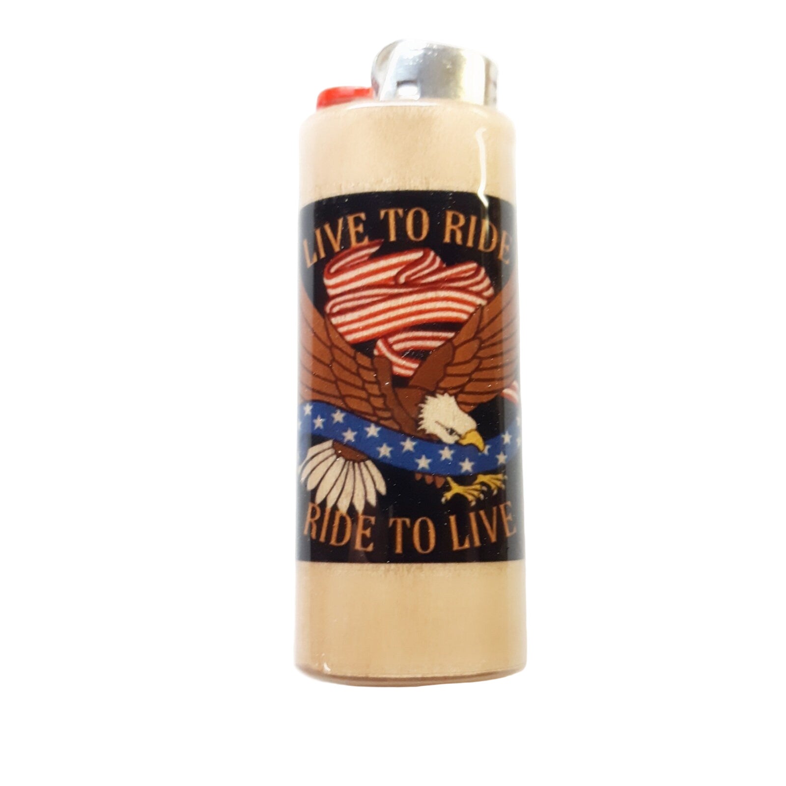 Lighter with an eagle design and 'Live to Ride, Ride to Live' text on a white background