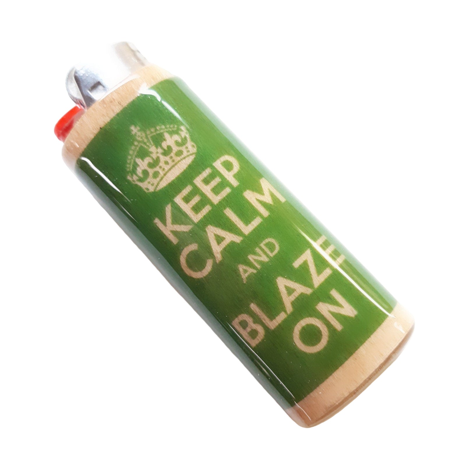 Green lighter with 'Keep Calm and Blaze On' text on a white background