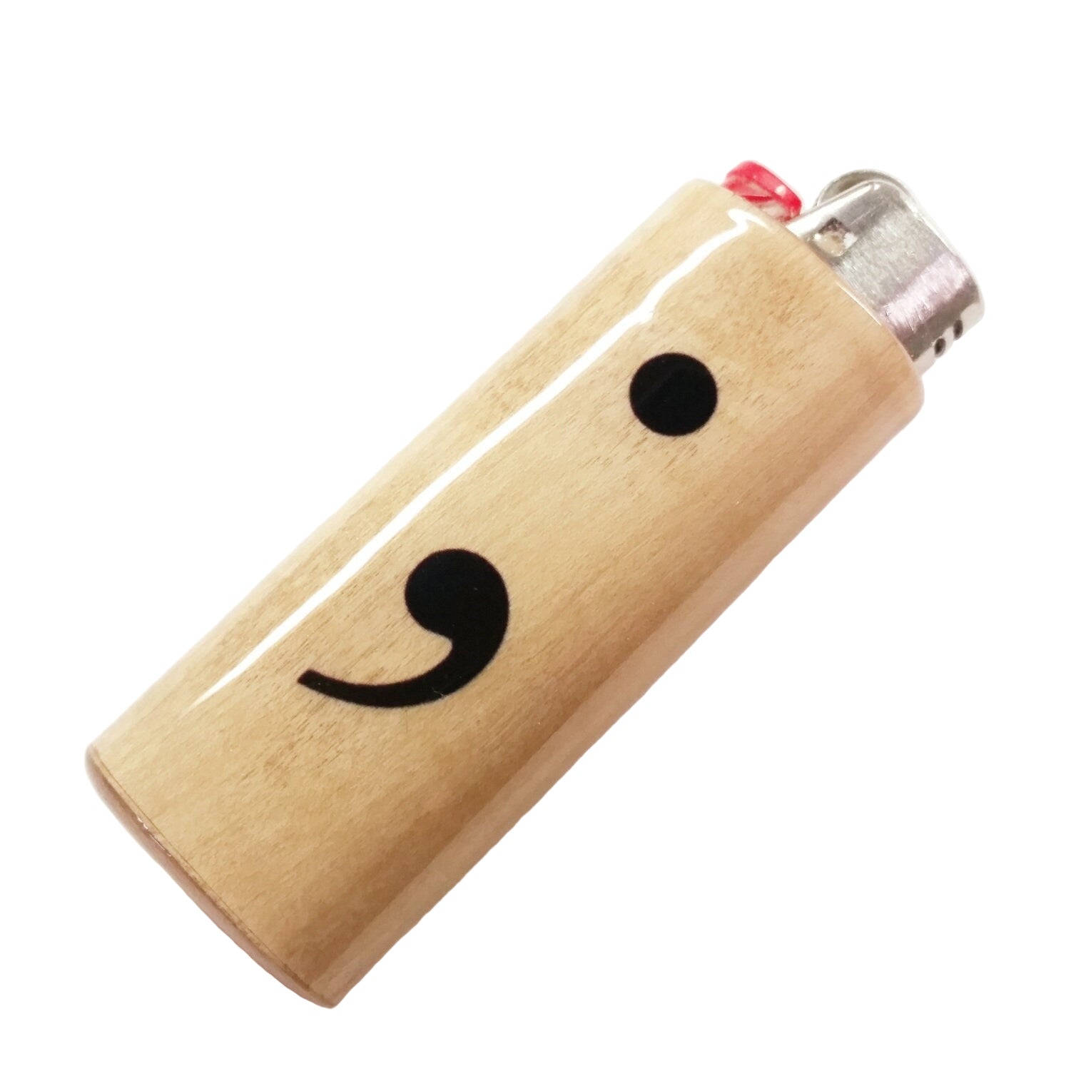 Lighter with a black semicolon symbol on a white background