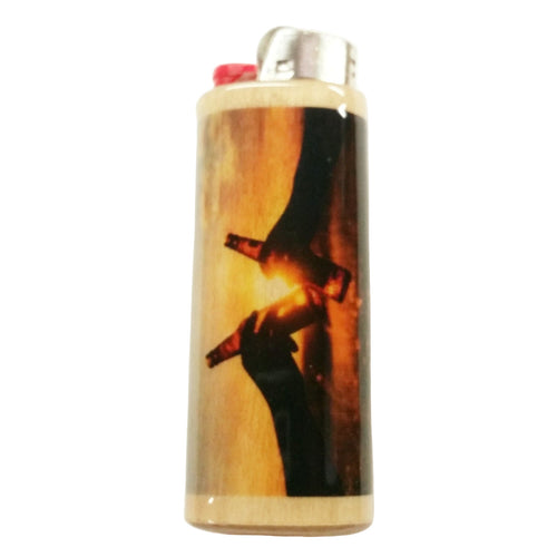 Lighter with a design of a hand holding a gun on a white background