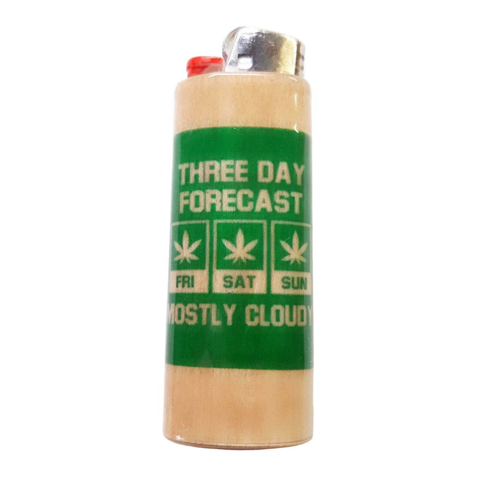 Lighter with a green label featuring weather text and cannabis leaf symbols on a white background