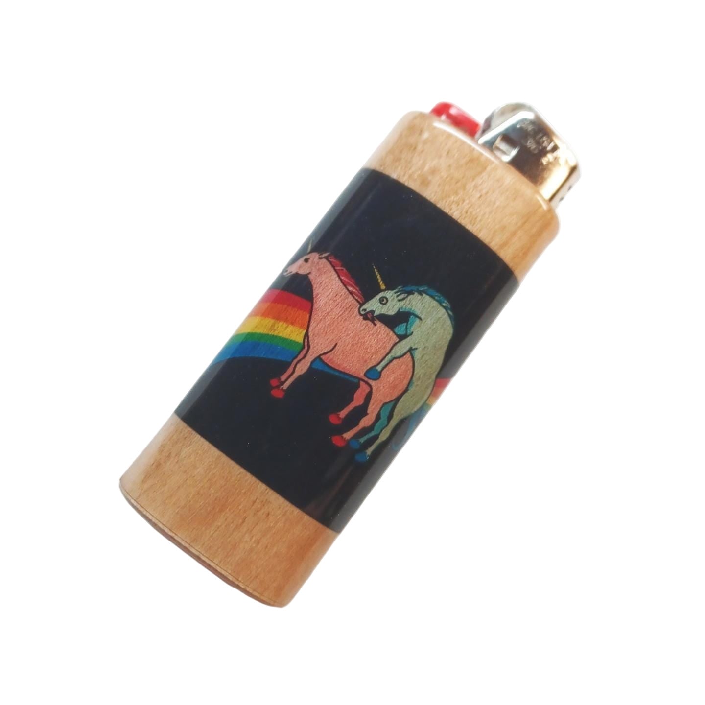 Lighter with a colorful unicorn design on a black background
