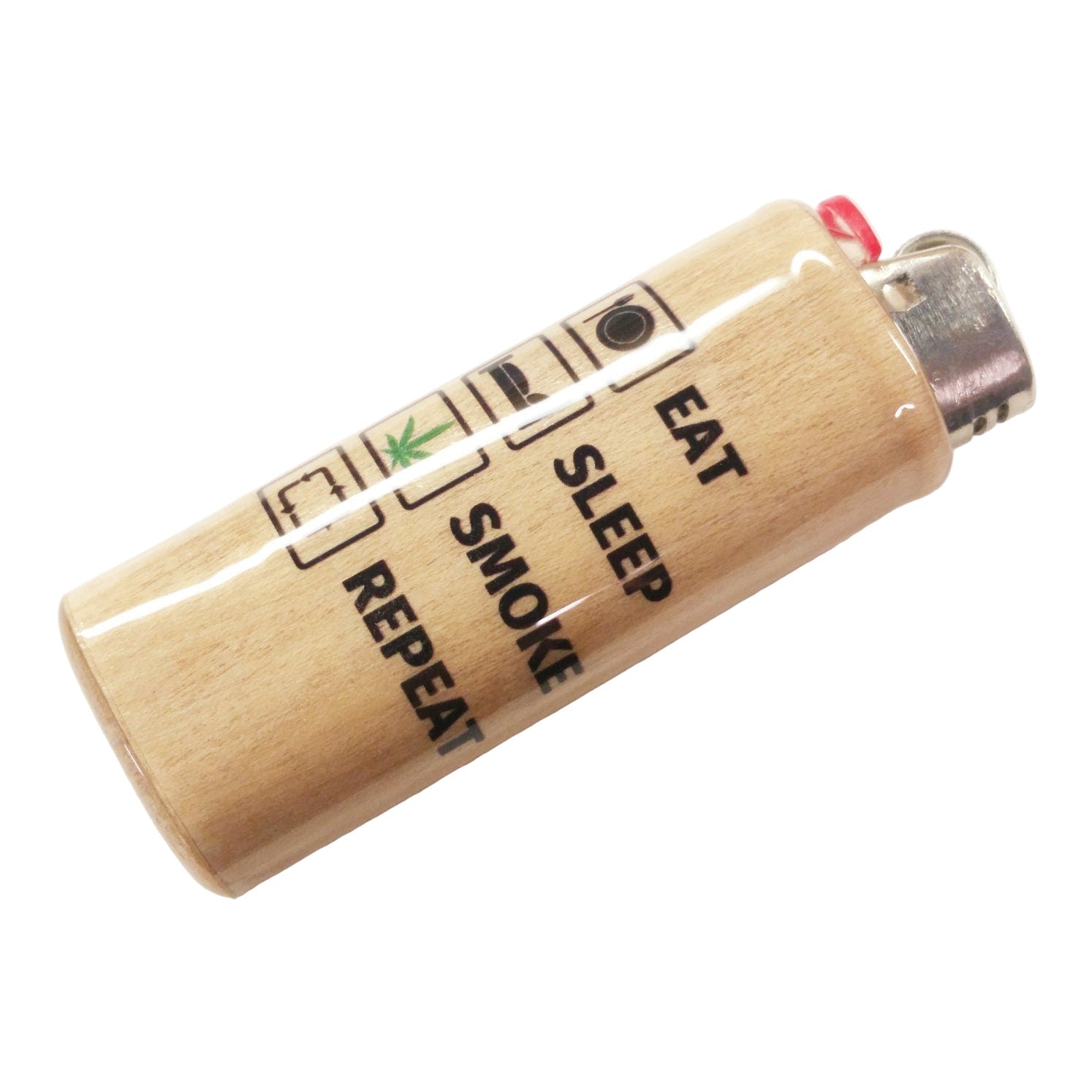 Wooden lighter with 'Eat Sleep Smoke Repeat' text on a white background