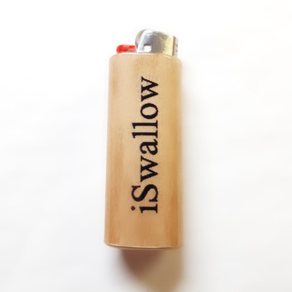 Wooden lighter with 'i Swallow' branding on a white background