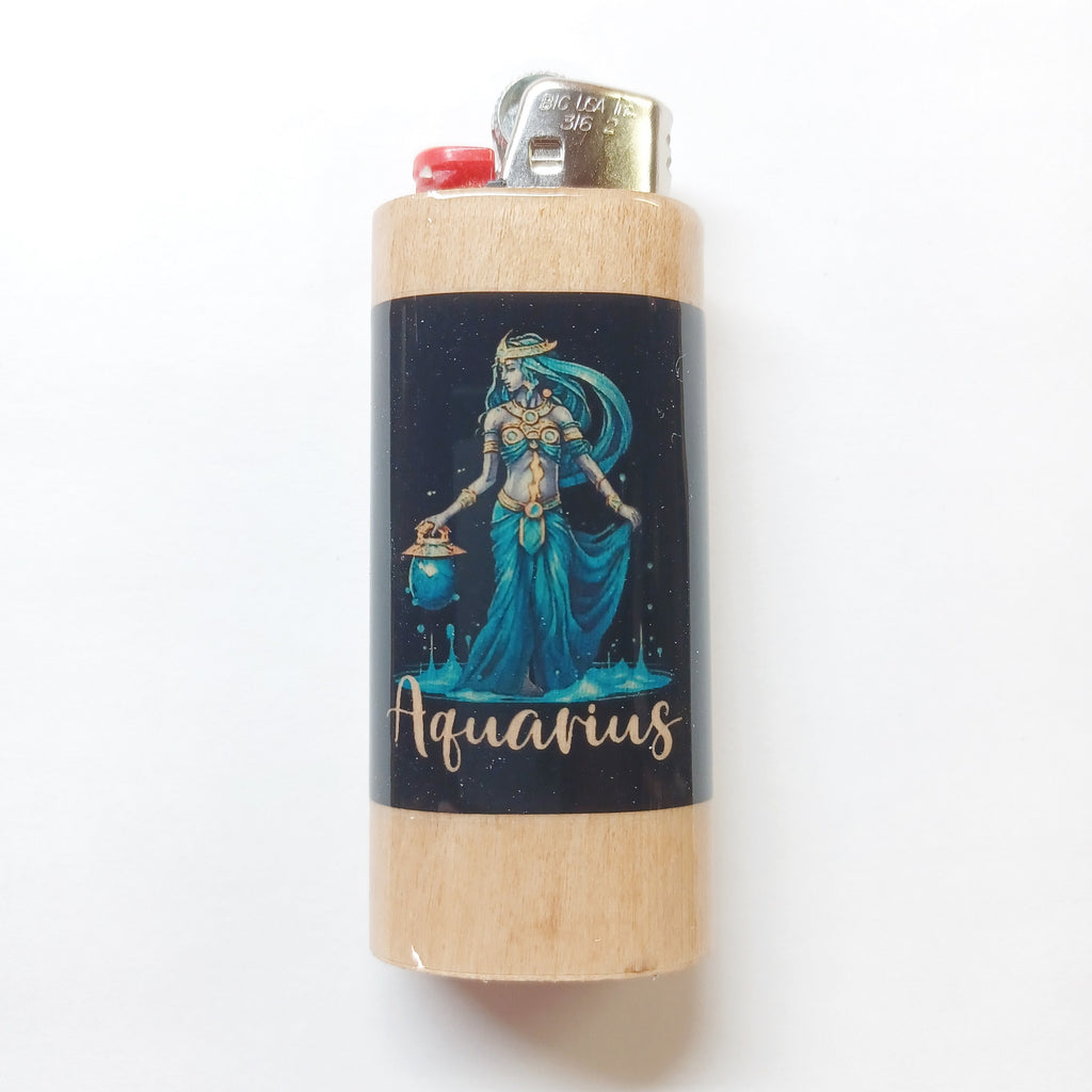 Aquarius Zodiac Sign Astrology  Aquarius The Water Bearer Fits Bic Lighters Wood Holder Cover Sleeve Case
