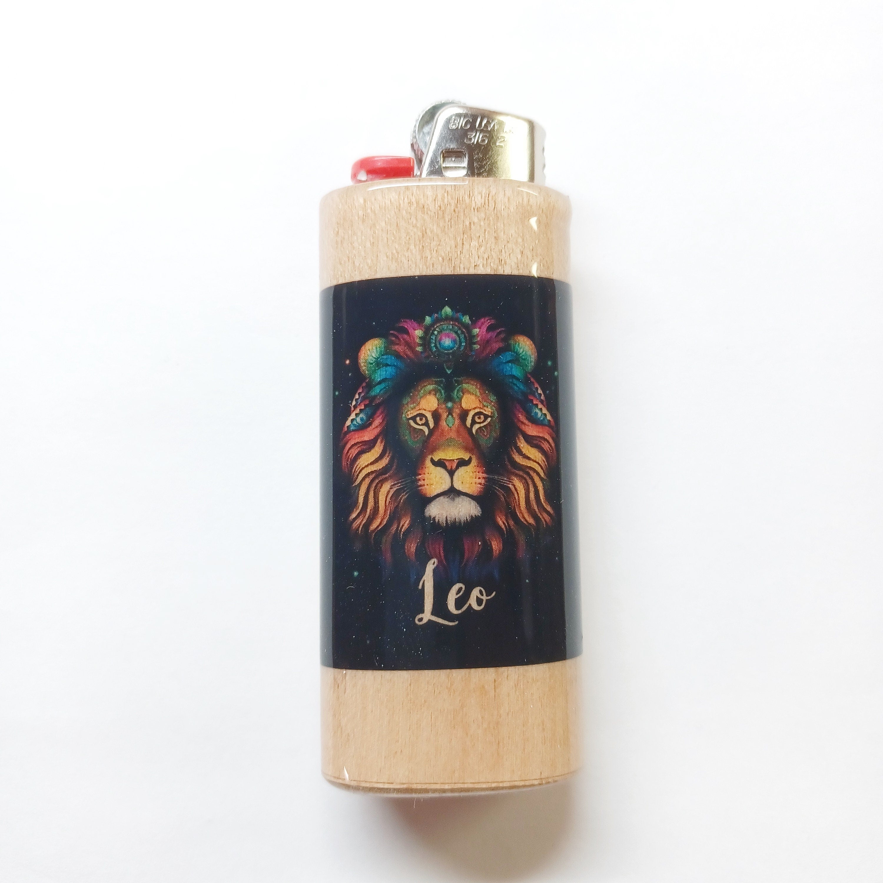 Lighter with a colorful lion design and 'Leo' text on a white background